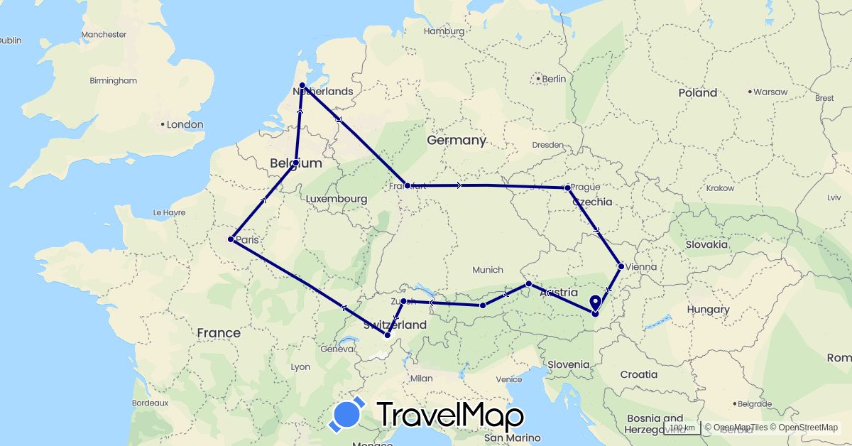 TravelMap itinerary: driving in Austria, Belgium, Switzerland, Czech Republic, Germany, France, Netherlands (Europe)